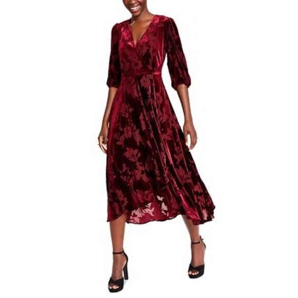 Calvin Klein Burgundy Burnout Velvet Floral Hi Lo Midi Vneck Dress Womens 2 NEW - Picture 1 of 9